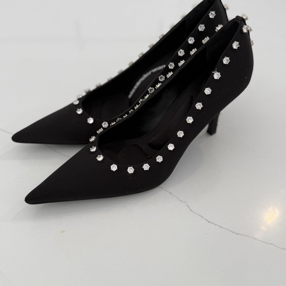 Alexander Wang Delphine 85 Crystal Stiletto Black Satin Evening Stud Pump Shoes